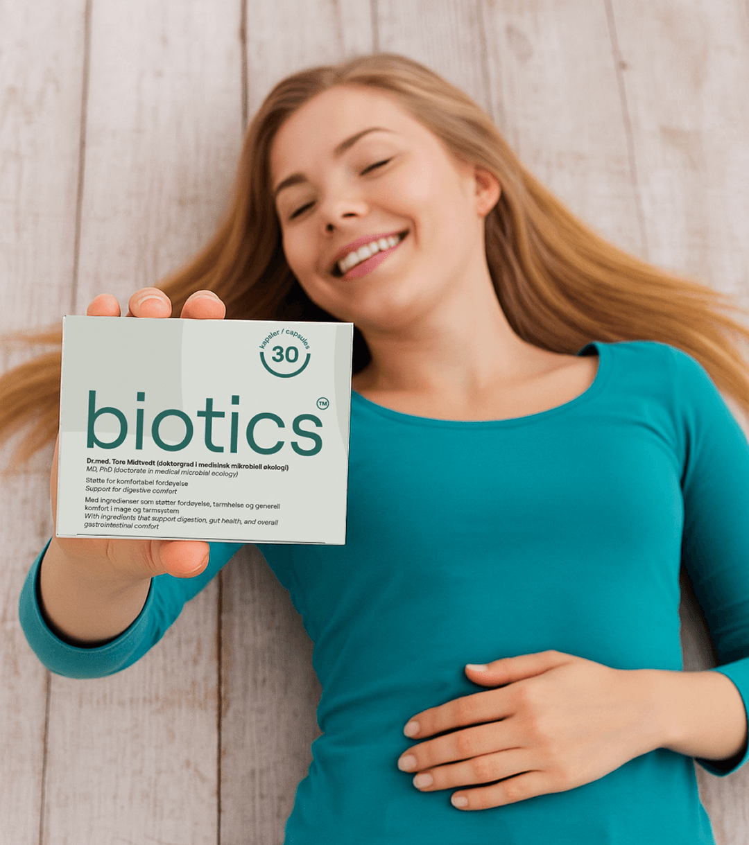 Kvinne med Biotics produkt